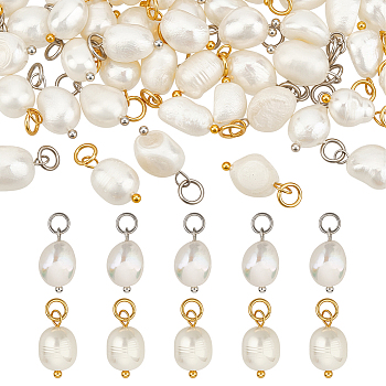 52Pcs 2 Colors Grade B Natural Cultured Freshwater Pearl Rice Charms, with 304 Stainless Steel Jump Rings, Floral White, Platinum & Golden, 13.5~15x7~7.5x5~6mm, Hole: 3.6mm, 26pcs/color