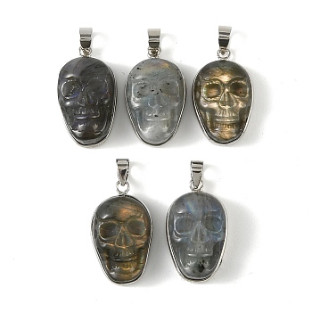 Halloween Natural Labradorite Carved Pendants, Brass Bezeled Skull Charms, Platinum, 26x16x10mm, Hole: 4.5x6mm