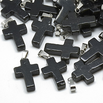 Dyed Natural Black Agate Pendants, with Stainless Steel Snap On Bails, Cross, 29~30x18~19x5~6mm, Hole: 6x4mm