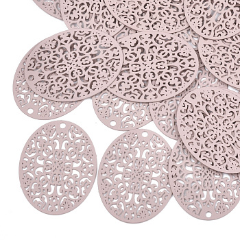 430 Stainless Steel Filigree Pendants, Spray Painted, Etched Metal Embellishments, Oval, Pink, 31x23.5x0.3mm, Hole: 1.8mm