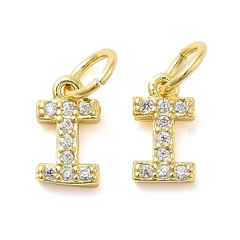 Brass Micro Pave Cubic Zirconia Pendants, with Jump Ring, Letter I, 8~9x4.5~9.5x1.5mm, Hole: 3.6mm