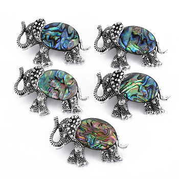 Elephant Alloy Rhinestone Brooch, Natural Paua Shell Lapel Pin with Loop for Backpack Clothes Pendant Jewelry, Cadmium Free & Lead Free, Antique Silver, Colorful, 29x46x14mm, Hole: 7x4mm, Pin: 0.7mm