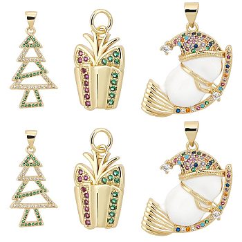 6Pcs 3 Style Christmas Theme Brass Micro Pave Cubic Zirconia Pendants, Long-Lasting Plated, Real 18K Gold Plated, Gift Box & Snowman & Tree Charm, Mixed Color, 16.5~27x10.5~18.5x2~3.5mm, Hole: 3.3~5x3.3mm, 2pcs/style