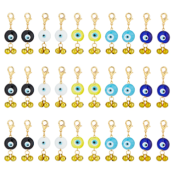 ELITE Evil Eye Handmade Lampwork Pendant Decoration, with Bell, Alloy Lobster Clasp Charms, for Keychain, Purse, Backpack Ornament, Mixed Color, 47~48mm, 5pcs/set, 6 sets/box