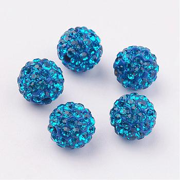 Polymer Clay Rhinestone Beads, Pave Disco Ball Beads, Grade A, Round, PP15, Capri Blue, 10mm, Hole: 1.8~2mm, 6 Rows Rhinestone, PP15(2.1~2.2mm)