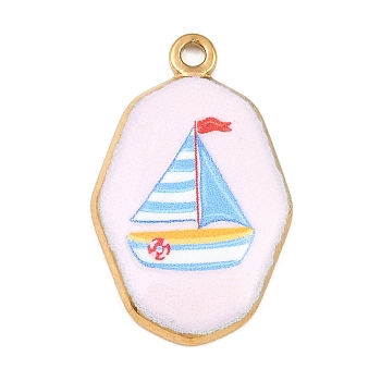 Printed 304 Stainless Steel Pendants, Polygon with Sailboat Charms, Golden, Sky Blue, 25x15.5x2.5mm, Hole: 1.7mm