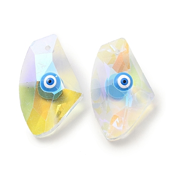 Transparent Glass Beads, with Enamel, Faceted, Polygon with Evil Eye Pattern, Deep Sky Blue, 23.5x38x13mm, Hole: 2mm