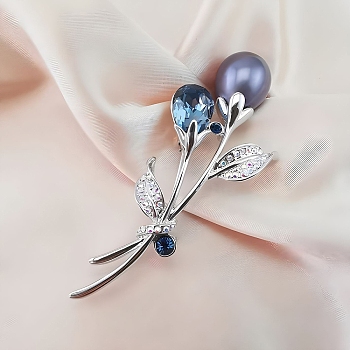 Flower Alloy Rhinestone Brooches for Backpack Clothes, with Imitation Pearl Beads, Marine Blue, 70x30mm