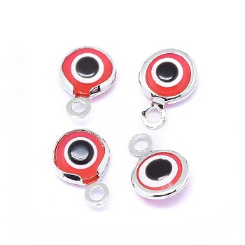 Handmade Evil Eye Lampwork Charms, with Brass Findings, Flat Round, Red, Real Platinum Plated, 10x6.5x3mm, Hole: 1.5mm
