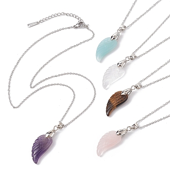 Natural Mixed Gemstone Wing Pendant Necklaces, with 304 Stainless Steel Cable Chains, 15.75 inch(40cm)