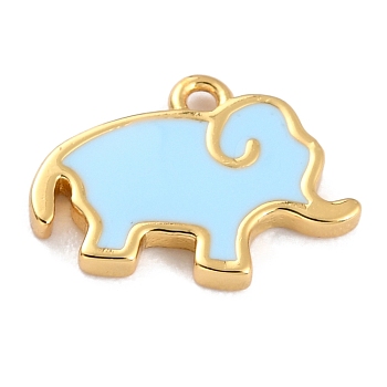 Golden Brass Enamel Pendants, Long-Lasting Plated, Elephant, Light Blue, 9.5x13x1.5mm, Hole: 1.2mm