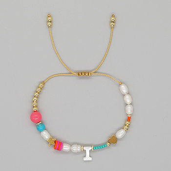 Initial Letter Natural Pearl Braided Bead Bracelet, Adjustable Bracelet, Letter I, 11 inch(28cm)