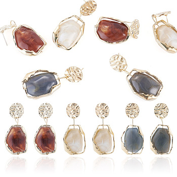 3 Piars 3 Colors Oval with Flat Round Alloy Resin Dangle Stud Earrings, Golden, Mixed Color, 45x17mm, 1pair/color