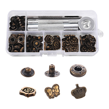 18 Sets Crown & Bowknot & Rose Flower Brass Leather Snap Buttons Fastener Kits, Including 1 Set 45# Steel Hole Punch Tool, 1Pc 45# Steel Round Base, Antique Bronze, Buttons: 18sets