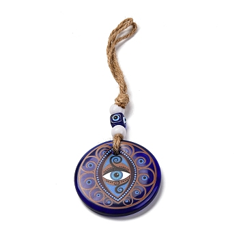 Flat Round with Evil Eye Lampwork Pendant Decoration, Resin Beads and Hemp Rope Hanging Ornaments, Dark Blue, 210~235mm