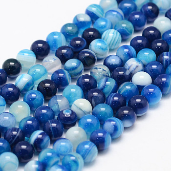 Natural Striped Agate/Banded Agate Bead Strands, Round, Grade A, Dyed, Dodger Blue, 6mm, Hole: 1mm, about 62~63pcs/strand, 14.5 inch