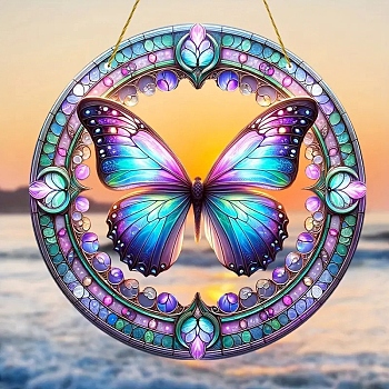 Flat Round Stained Acrylic Hanging Suncatchers, for Outdoor Garden Windows Decoration, Butterfly, Pendant: 150x3mm