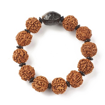 Mala Beads Bracelet, Round Natural Rudraksha Beaded Stretch Bracelet for Women, with Plastic Beads, Sienna, Inner Diameter: 2-1/2 inch(6.5cm)