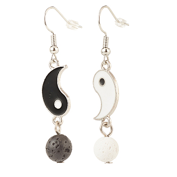 Alloy Enamel Yin Yang Matching Asymmetrical Earrings, Brass Dangle Earrings with Natural Lava Rock for Women, Black, 49mm, Pin: 0.7mm