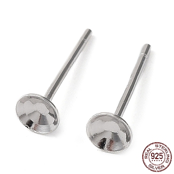 Rhodium Plated 925 Sterling Silver Stud Earring Findings, Flat Round Earring Settings, for Bead, with S925 Stamp, Real Platinum Plated, 12x4mm, Pin: 0.7mm