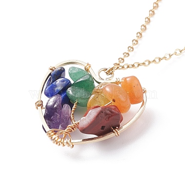 Natural Gemstone Chips Heart with Tree of Life Pendant Necklace(NJEW-JN03868-02)-5