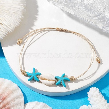 Synthetic Turquoise & Cowrie Shell Braided Starfish & Shell Shape Bead Bracelets for Women(BJEW-JB10197-02)-2