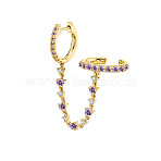Brass Cubic Zirconia Hoop Earrings, Chain Charm, Golden, Slate Blue, 55x10mm(FS-WGC777E-07)