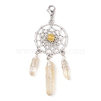 Alloy Woven Net/Web with Natural Yellow Quartz Pendants Decorations, Wire Wrapped Natural Quartz Crystal Charm Ornaments, 80x28mm(HJEW-TA00194-01)