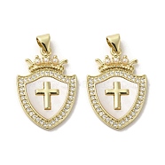 Brass Pave Shell Pendants, Religion Cross Charms with ABS Imitation Pearl, Real 18K Gold Plated, Shield, 27x18x2.5mm, Hole: 3.5x4mm(KK-I708-17G-G)