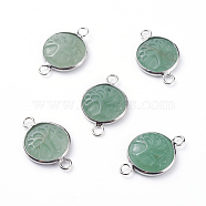 Natural Green Aventurine Links connectors, with Platinum Tone Brass Cabochon Connector Settings, Flat Round with Tree, 23~24x15~16x5~6mm, Hole: 2.5mm(G-G807-F03)
