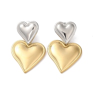 304 Stainless Steel Dangle Stud Earrings, Heart, Real Gold Plated & Stainless Steel Color, 33x20mm(EJEW-Z026-03)