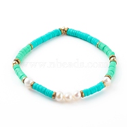 Polymer Clay Heishi Beaded Stretch Bracelets, with Natural Pearl Beads and Non-magnetic Synthetic Hematite Beads, Turquoise, Inner Diameter: 2-1/8 inch(5.5cm)(BJEW-JB06145-03)