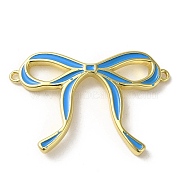 Brass Enamel Connector Charms, Bowknot Link, Real 18K Gold Plated, Deep Sky Blue, 21.5x32x3mm, Hole: 1mm(KK-D098-01G-01)