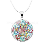Glass Mandala Flower Dome Pendant Necklace, Platinum Brass Jewelry for Women, Honeydew, 24.21 inch(61.5cm)(MAND-PW0001-02B)