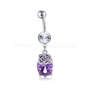 Brass Cubic Zirconia Navel Ring, Belly Rings, with 304 Stainless Steel Bar, Cadmium Free & Lead Free, Oval, Dark Orchid, 43mm, Bar: 15 Gauge(1.5mm), Bar Length: 3/8"(10mm)(AJEW-EE0004-45B)