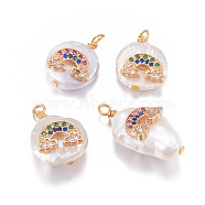 Natural Cultured Freshwater Pearl Pendants, with Brass Micro Pave Cubic Zirconia Findings, Nuggets with Rainbow, Golden, Mixed Color, 17~26x11~16x5~11mm, Hole: 1.6~2mm(PEAR-L027-44)