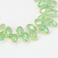 Electroplate Glass Beads Strands, Top Drilled Beads, Faceted Teardrop, AB Color Plated, Light Green, 12~13x6mm, Hole: 1mm, about 95~99pcs/strand, 15.7~18 inch(EGLA-J068-AB06)