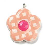 Opaque Resin Pendants, Flower Charms, with Platinum Tone Iron Loops, Light Salmon, 30x26x6mm, Hole: 1.5mm(RESI-G078-01D)