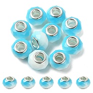 Glass European Beads, Large Hole Beads, with Silver Tone Brass Double Cores, Faceted Rondelle, Light Sky Blue, 14x9mm, Hole: 5mm(GPDL-YW0001-02F)