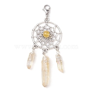 Alloy Woven Net/Web with Natural Yellow Quartz Pendants Decorations, Wire Wrapped Natural Quartz Crystal Charm Ornaments, 80x28mm(HJEW-TA00194-01)