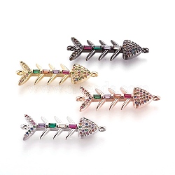 Brass Micro Pave Cubic Zirconia Links, Fishbone, Colorful, Mixed Color, 32.5x10.5x3mm, Hole: 1.2mm(ZIRC-F101-06)