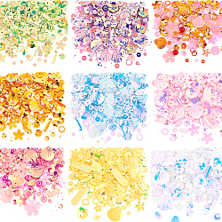 Olycraft 9 Bags 9 Colors Plastic Paillette Beads, Sequin Beads, Mixed Shapes, Mixed Color, 4x4x0.1mm, Hole: 1mm, 1bag/color(DIY-OC0007-24)