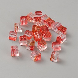 Baking Paint Transparent Glass Beads, Cube, Gradient Color, Flamingo, 6.5~7x6.5~7x6.5~7mm, Hole: 1.5mm(GLAA-WH0045-04F-1)