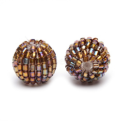 Handmade Woven Seed Beads, Round, Saddle Brown, 13.5~14x12mm, Hole: 1.5mm(X-WOVE-S108-01B-14mm)
