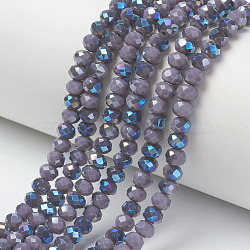 Electroplate Opaque Solid Color Glass Beads Strands, Half Plated, Blue Plated, Faceted, Rondelle, Medium Purple, 4x3mm, Hole: 0.4mm, about 123~127pcs/strand, 16.5~16.9 inch(42~43cm)(EGLA-A034-P4mm-I17)