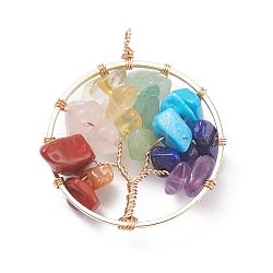 Gemstone Copper Wire Wrapped Chips Pendants, Synthetic Howlite, Natural Red Jasper & Aventurine & Lapis Lazuli & Rose Quartz & Amethyst & Citrine, Golden, Flat Round with Tree, 36x31x10mm, Hole: 3mm(PALLOY-JF01406)