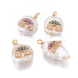 Natural Cultured Freshwater Pearl Pendants, with Brass Micro Pave Cubic Zirconia Findings, Nuggets with Rainbow, Golden, Mixed Color, 17~26x11~16x5~11mm, Hole: 1.6~2mm(PEAR-L027-44)