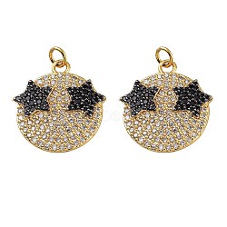Brass Micro Pave Clear & Black Cubic Zirconia Pendants, with Jump Rings, Long-Lasting Plated, Lead Free & Cadmium Free, Flat Round with Star, Real 18K Gold Plated, 23.5x21.5x2.5mm, Jump Ring: 5x1mm, Inner Diameter: 3mm, 2pcs/set(ZIRC-SZ0001-24)