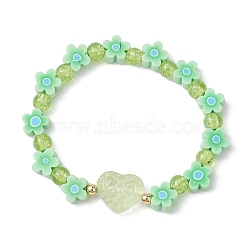 Handmade Flower Polymer Clay Stretch Bracelets, Crackle Glass Heart Beaded Bracelets for Women, Light Green, Inner Diameter: 2-1/8 inch(5.3cm)(BJEW-JB09825-05)