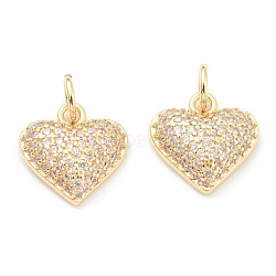 Brass Clear Cubic Zirconia Charms, Long-Lasting Plated, with Jump Ring, Heart, Golden, 11.5x11.5x3.5mm, Hole: 3.5mm(ZIRC-B010-13G)